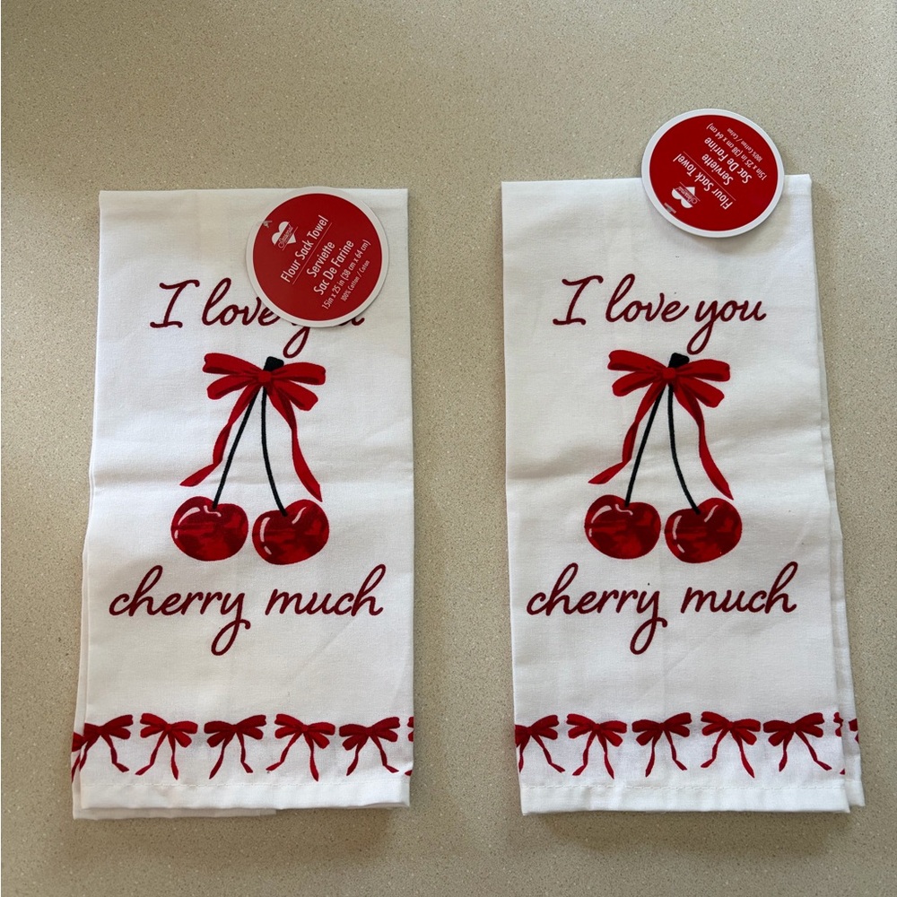 I love you cherry much flour sack kitchen towel pair - red on white